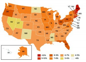 Figure 1 Estimated rosacea prevalence in US adult population, based on National Rosacea Society membership as a proportion of state populations over 18 years (adapted from National Rosacea Society, 201315)